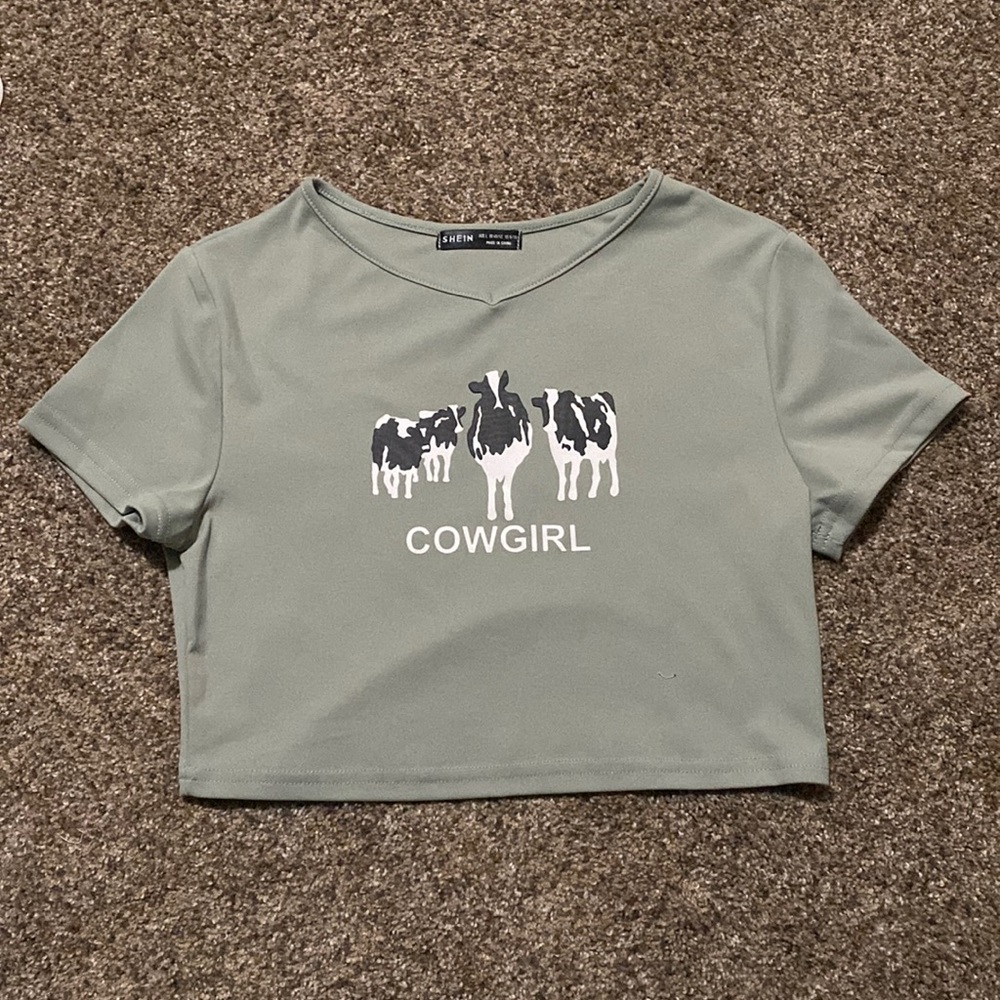 New Cow Picture Cowgirl Green Crop Top